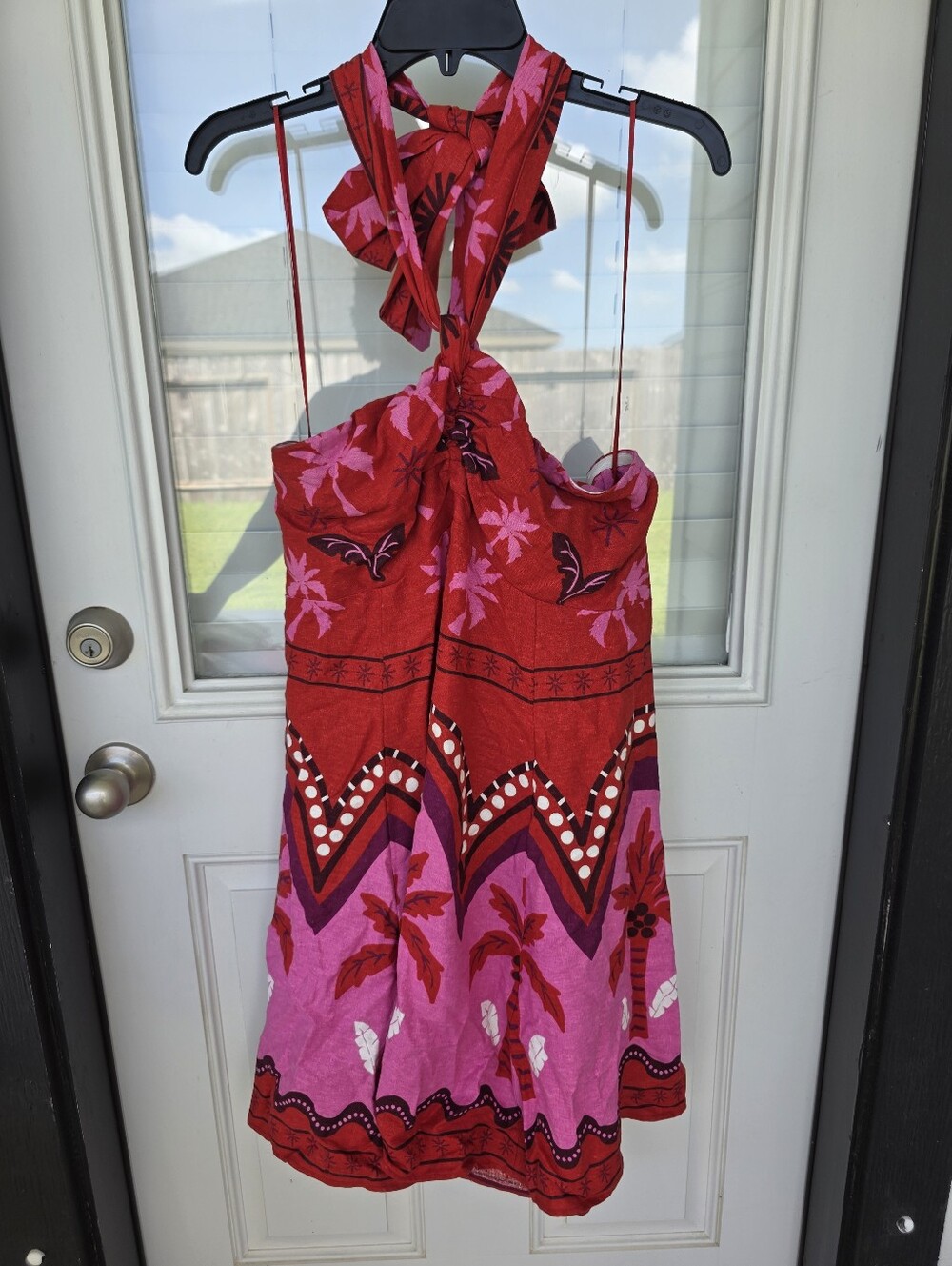 NWT I. State Halter Sundress Sz L Red Pink Tropical Palm Tree Tie Neck Dress - Picture 4 of 11